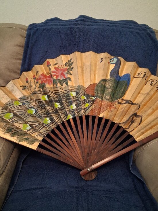 Vintage Other - Vintage Japanese Large 42" Folding Wall Fan Peacock Peonies Gold Foil Asian Art
